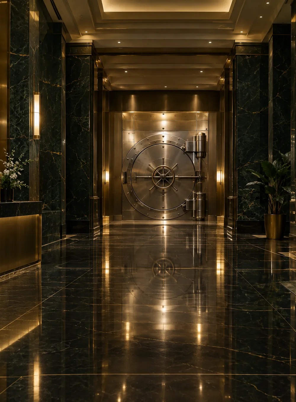A lit vault door at the end of a green marble corridor
