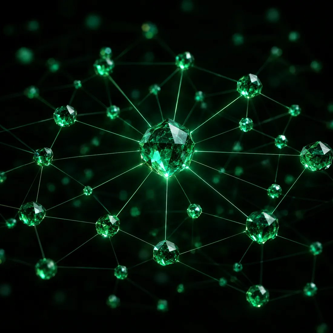 Glowing emerald nodes linked to a central crystal, a network of partners