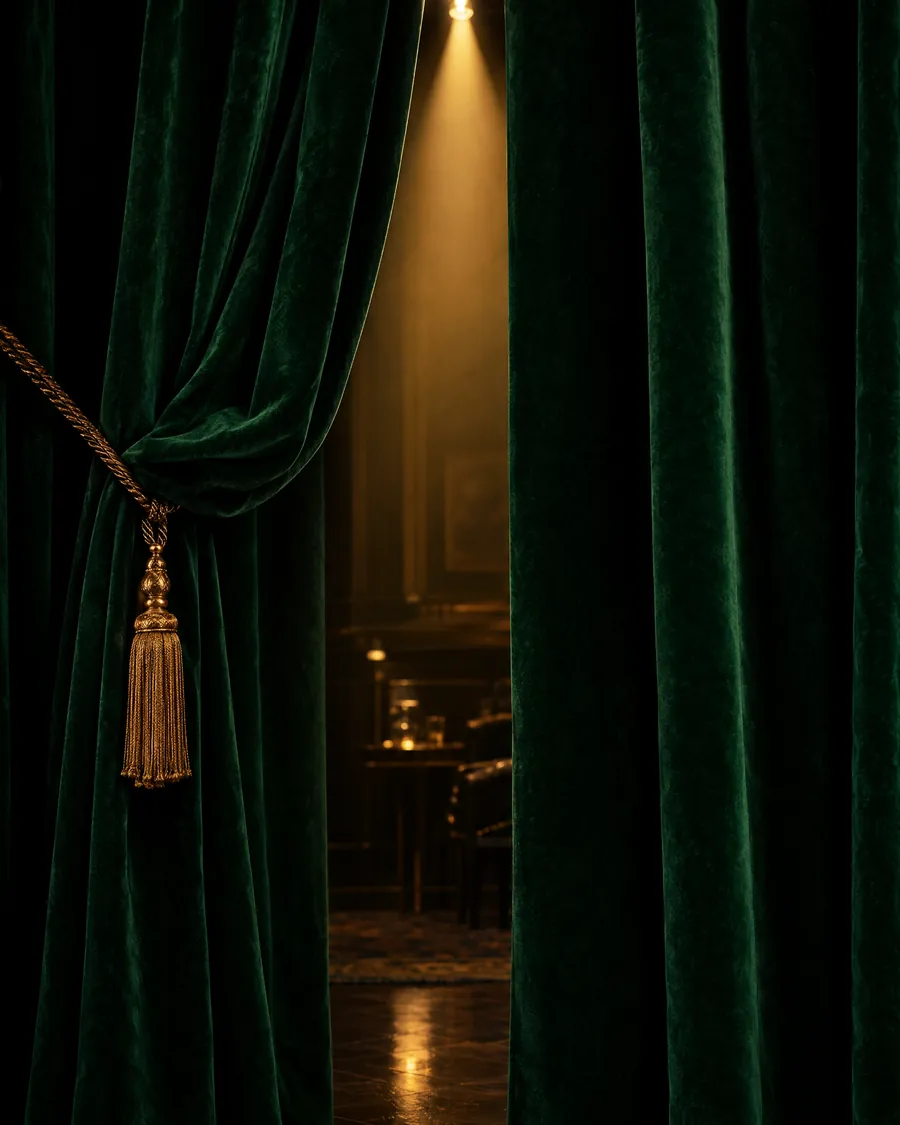 Deep green velvet curtains parted by a warm spotlight