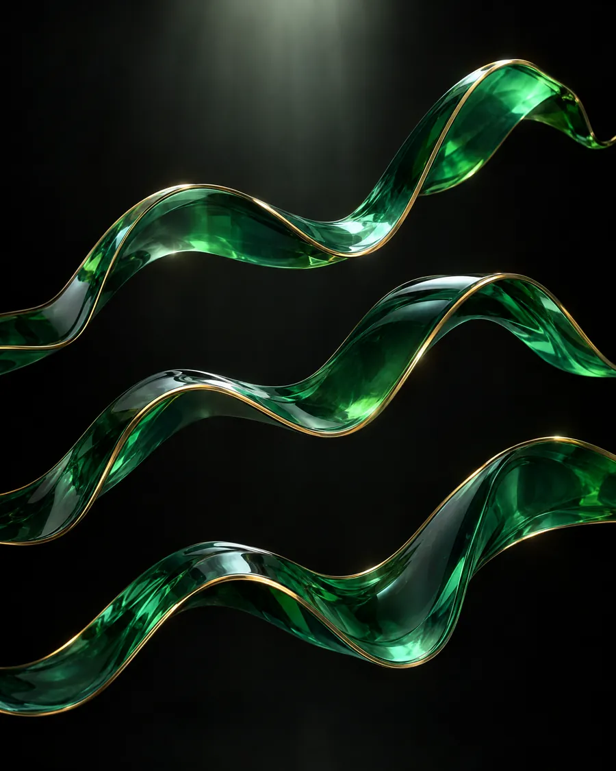 Emerald glass ribbons rising and falling like a currency chart