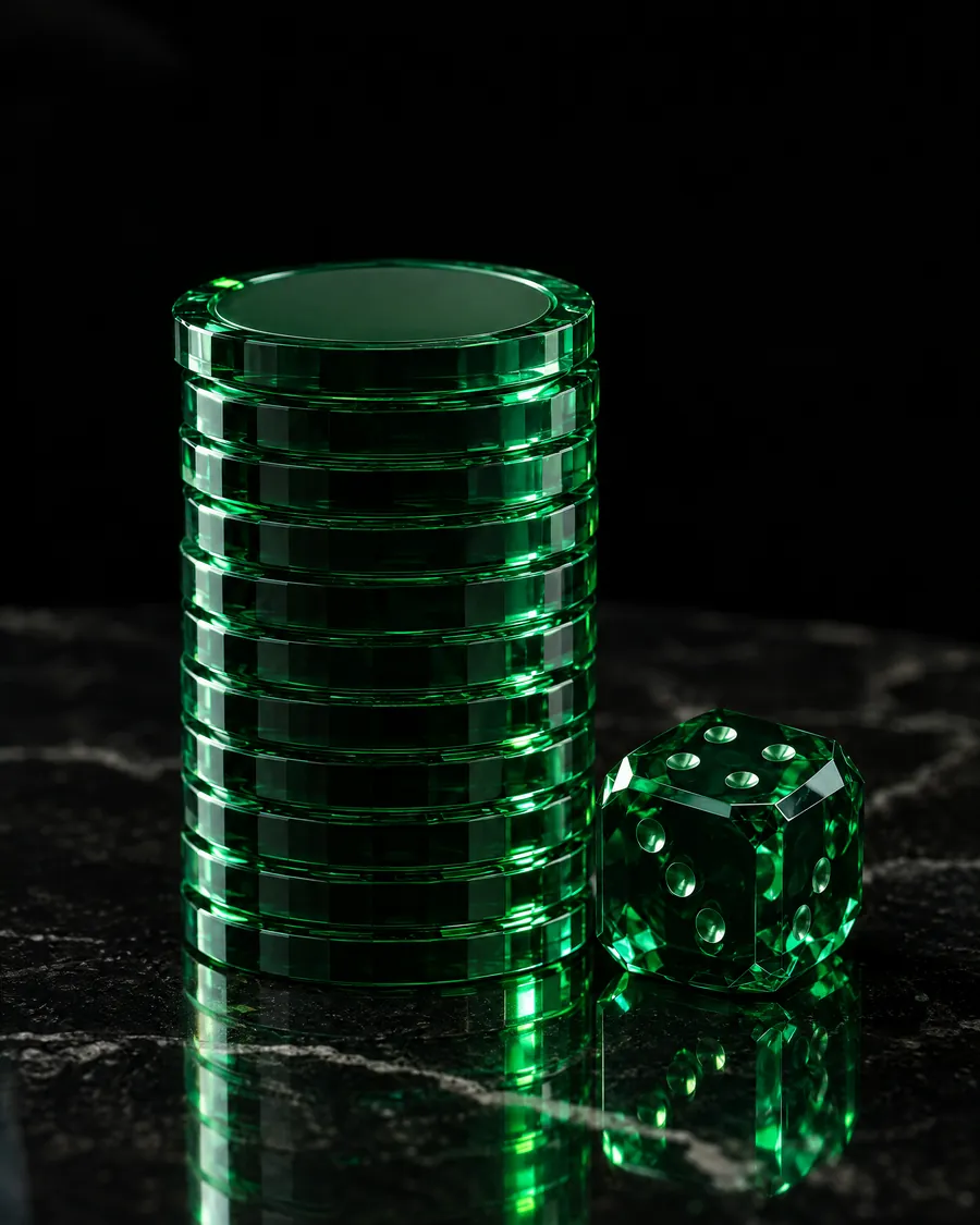 Emerald glass gaming chips and a die on black stone